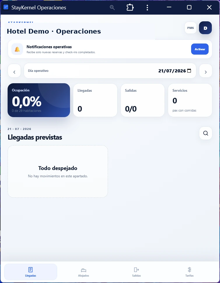 Aplicación operativa móvil StayKernel en modo demostración